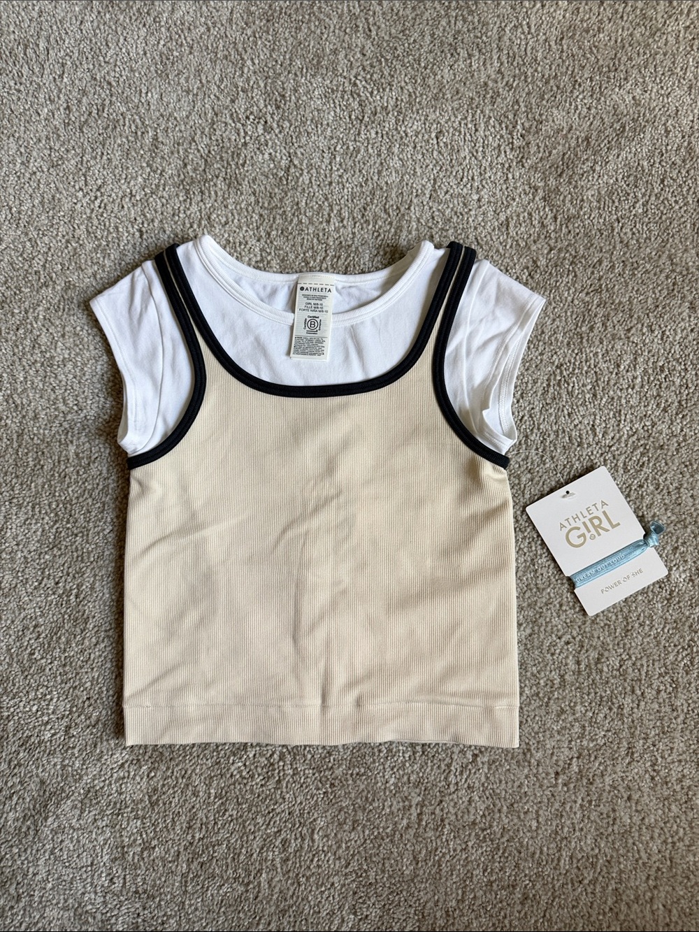 Athleta Girls Cream Layered Tank with White Tee and Black Trim